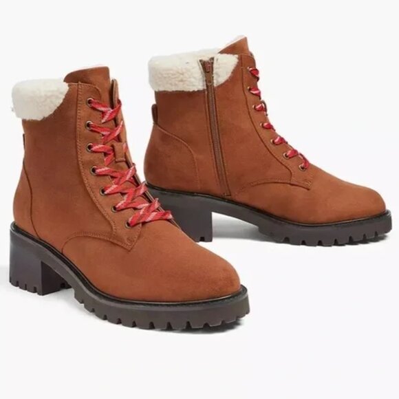 Boots-8 Wide Ankle Bootie Hiking Hiker Brown Faux Suede Fur Zip Shoe Lane Bryant - Picture 1 of 3